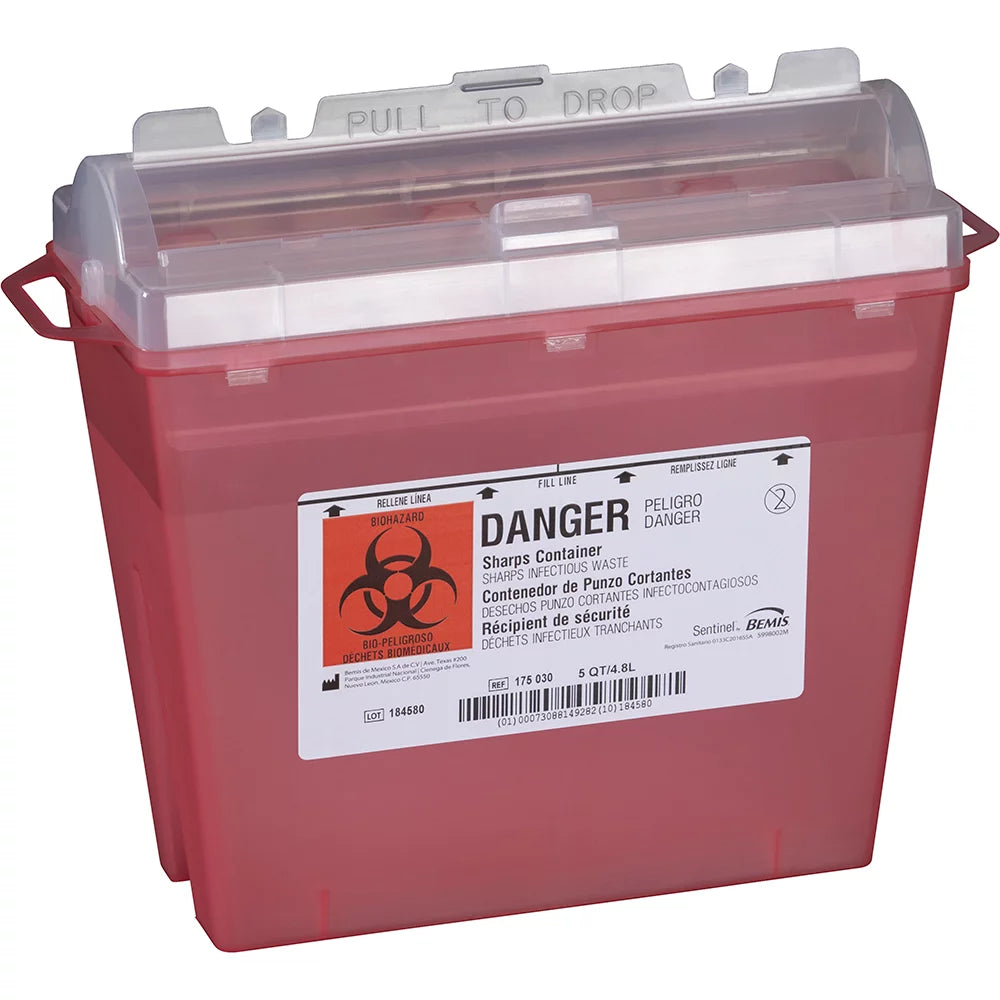 Sentinel™ Sharps Container, 5qt, Translucent Red