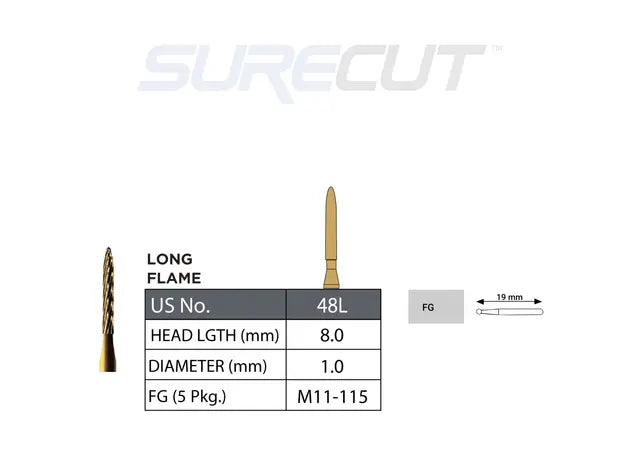 SureCut, Carbide, Trim & Finish, LongFlame Burs FG - 5/Pk