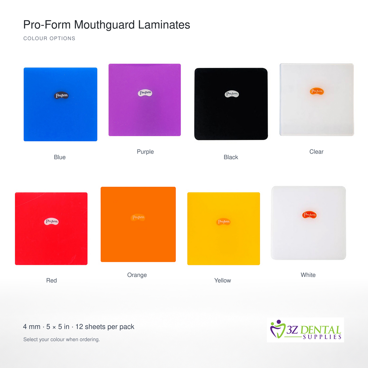 Keystone Pro-Form mouthguard laminate sheets in blue, purple, black, clear, red, orange, yellow and white; 4 mm, 5 x 5 inches, 12 sheets per pack