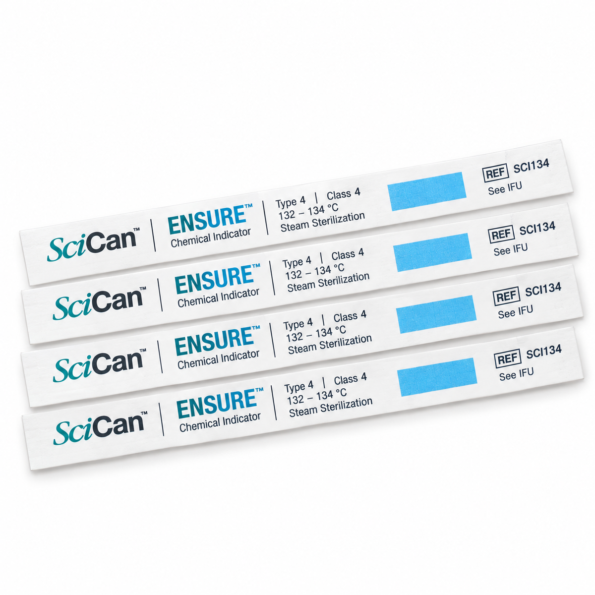 Illustrative rendering of SciCan ENSURE SCI134 Class 4 chemical indicator strips for steam sterilization, 250/box