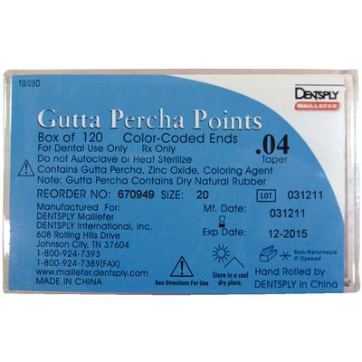Gutta Percha Points – Tapered, Hand Rolled, Color Coded, 20 Points/Vial, 6 Vials/Box