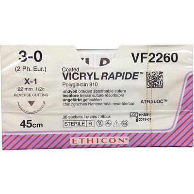 Coated VICRYL® RAPIDE – X-1, 1/2 Circle Needle, Sizes 3-0, Length 18 ", Absorbable, Reverse Cutting, 36/Pkg