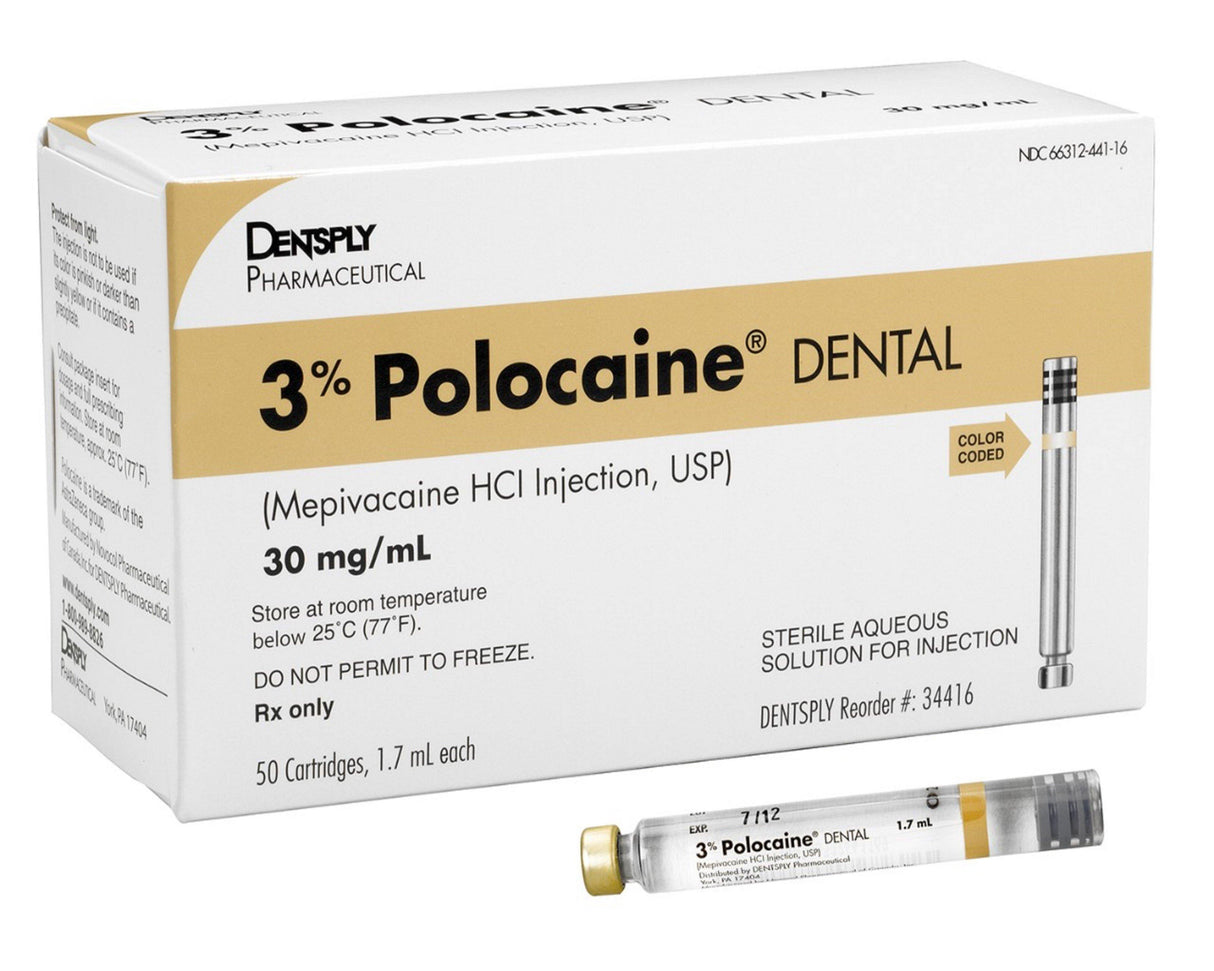 3% Polocaine Dental Mepivacaine HCl injection, USP ā 1.8 ml Cartridge, 50/Pkg - 3Z Dental (4961975140397)