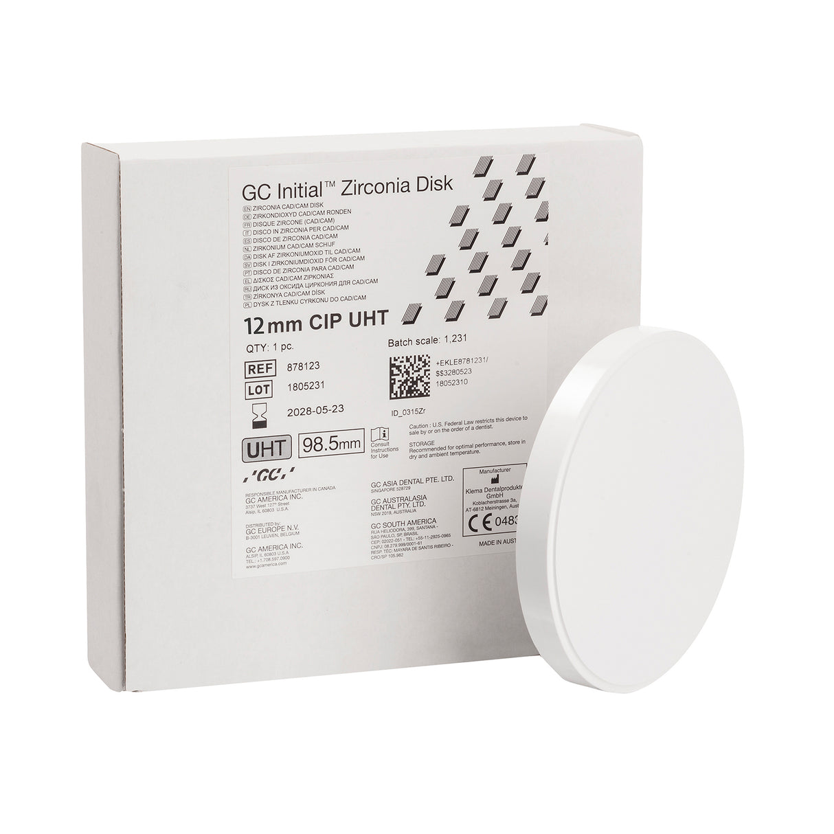 GC Initial Zirconia Ultra High Translucent Disk (UHT), 98 mm Diameter