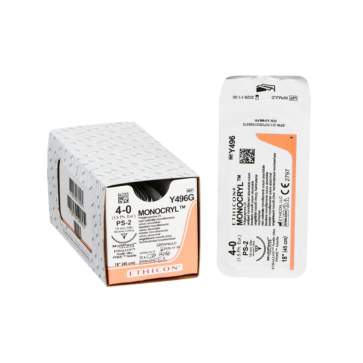 MONOCRYL™ Sutures – Size 4-0, Precision Point, PS-2, Undyed Monofilament, Absorbable, Reverse Cutting, 3/8 Circle Needle, Length 18", 12/Box