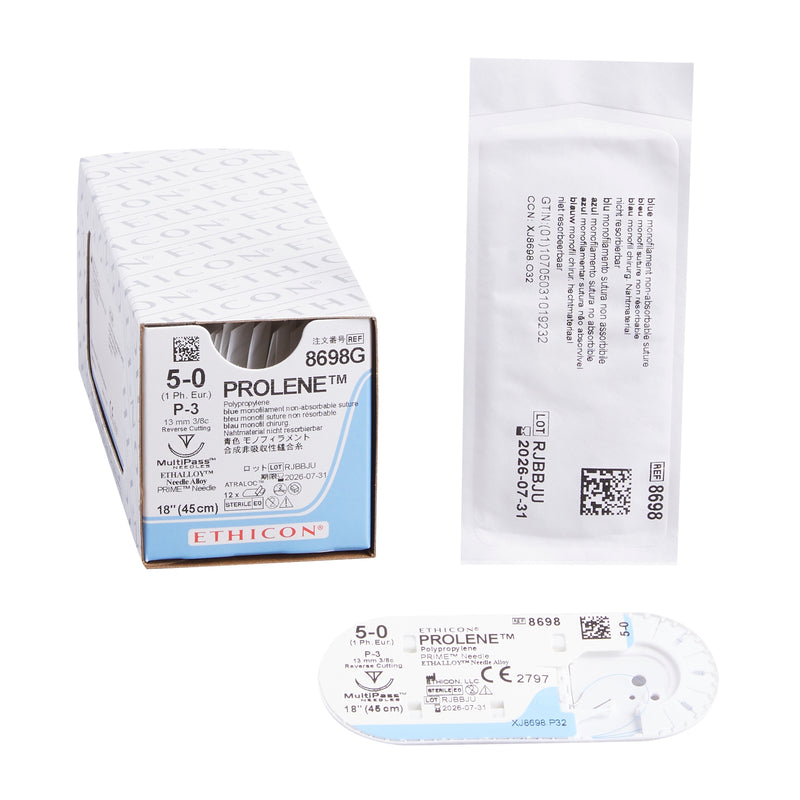 PROLENE™ Polypropylene Blue Monofilament Nonabsorbable Sutures – P-3, Precision Point Reverse Cutting, 3/8 Circle Needle, 18"12/Box