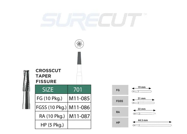 SureCut, Carbide, Crosscut Taper Fissure Burs
