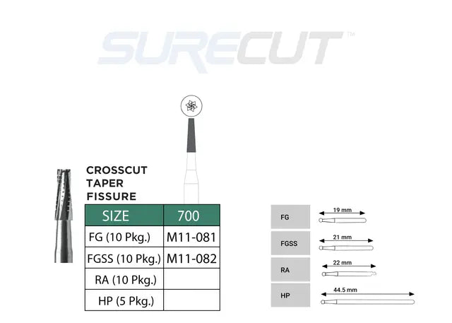 SureCut, Carbide, Crosscut Taper Fissure Burs