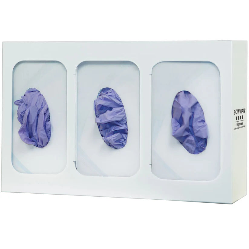 Glove Box Dispenser, Triple, with Dividers, White Powder-Coated Steel