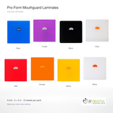 Keystone Pro-Form mouthguard laminate sheets in blue, purple, black, clear, red, orange, yellow and white; 4 mm, 5 x 5 inches, 12 sheets per pack