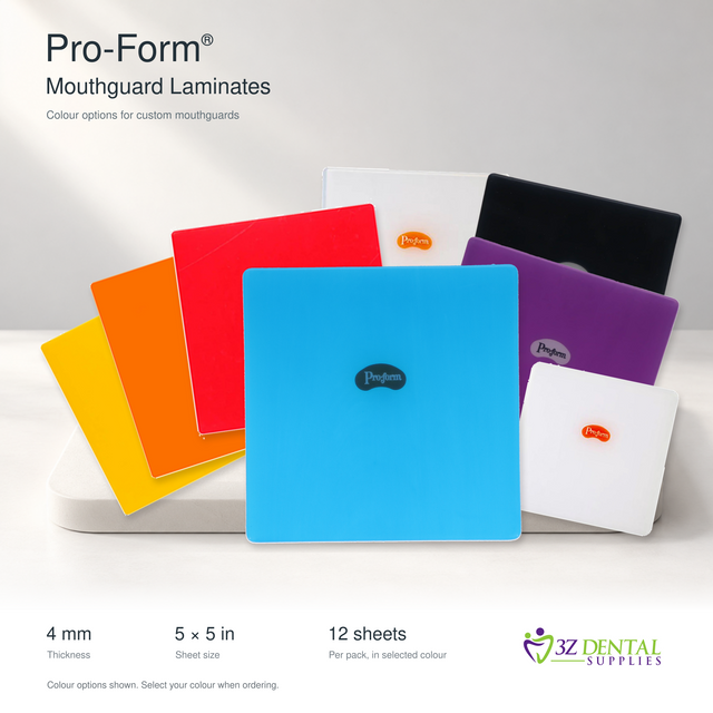 Keystone Pro-Form 4 mm mouthguard laminate sheets in blue, red, orange, yellow, purple, black, white and clear; 12 sheets per pack.