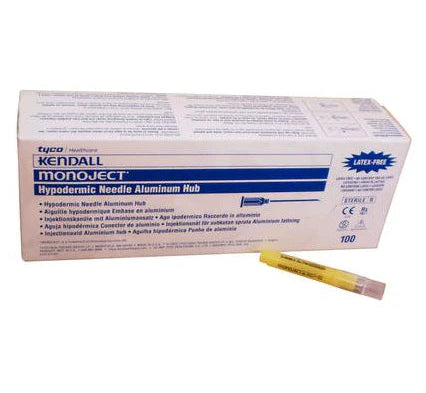 Monoject™ Standard Hypodermic Needles with Aluminum Hub – #200, Luer Lock, 100/Box - 27 x 1-1/4"Long Bevel Yellow | Open Pack | Clearance