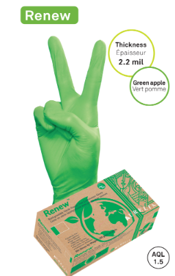 Aurelia® Renew™ Biodegradable Nitrile Exam Gloves – Powder Free, Latex Free, 2.2 ml Thickness, Green Apple, 300/Pkg