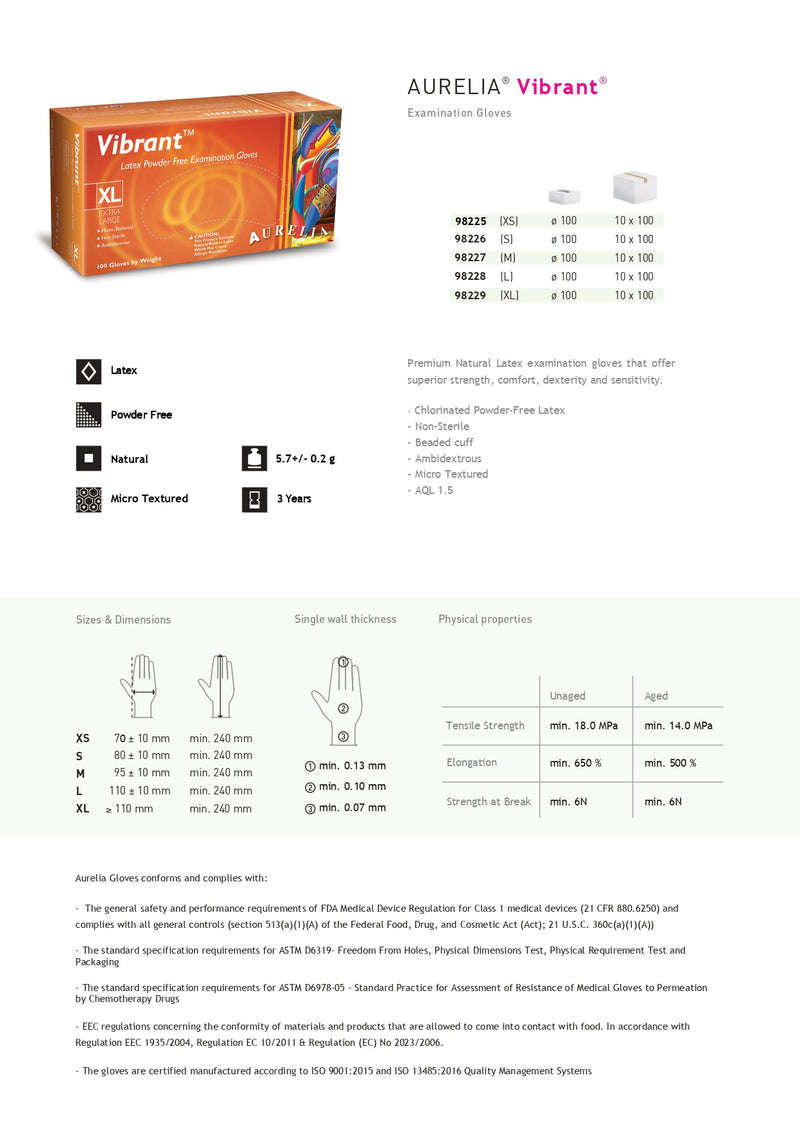 Aurelia® Vibrant™ Latex Exam Gloves – Powder Free, 100/Box
