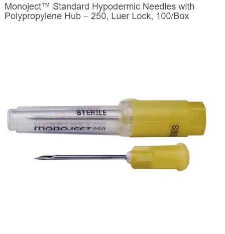 Monoject™ Standard Hypodermic Needles with Polypropylene Hub – 250, Luer Lock, 100/Box - 3Z Dental